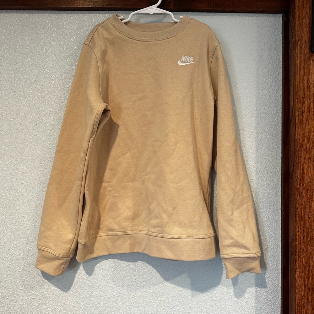 Nike Kids Tan Crew Sweatshirt with White Swoosh